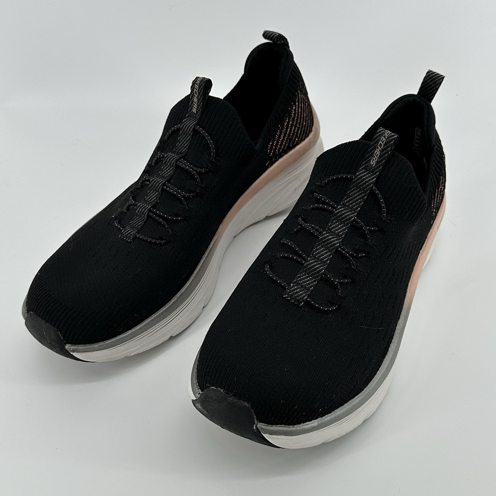 Skechers Black Knit Slip-On Platform Sneakers with White Sole and Rose Accent